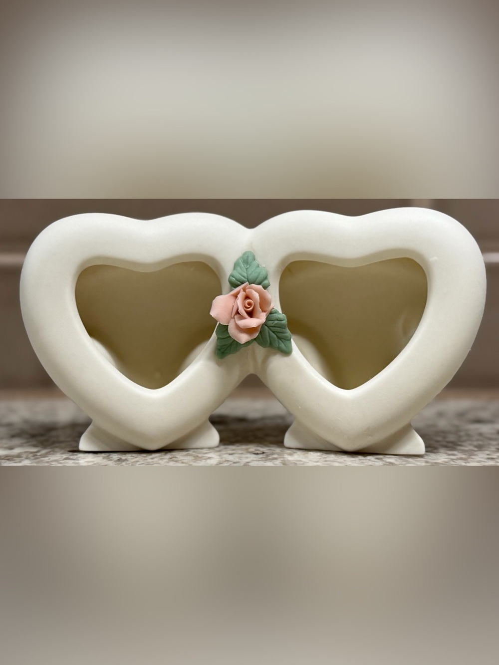 1980s Vintage Double Heart Porcelain Photo Frame Floral Cottagecore Wedding